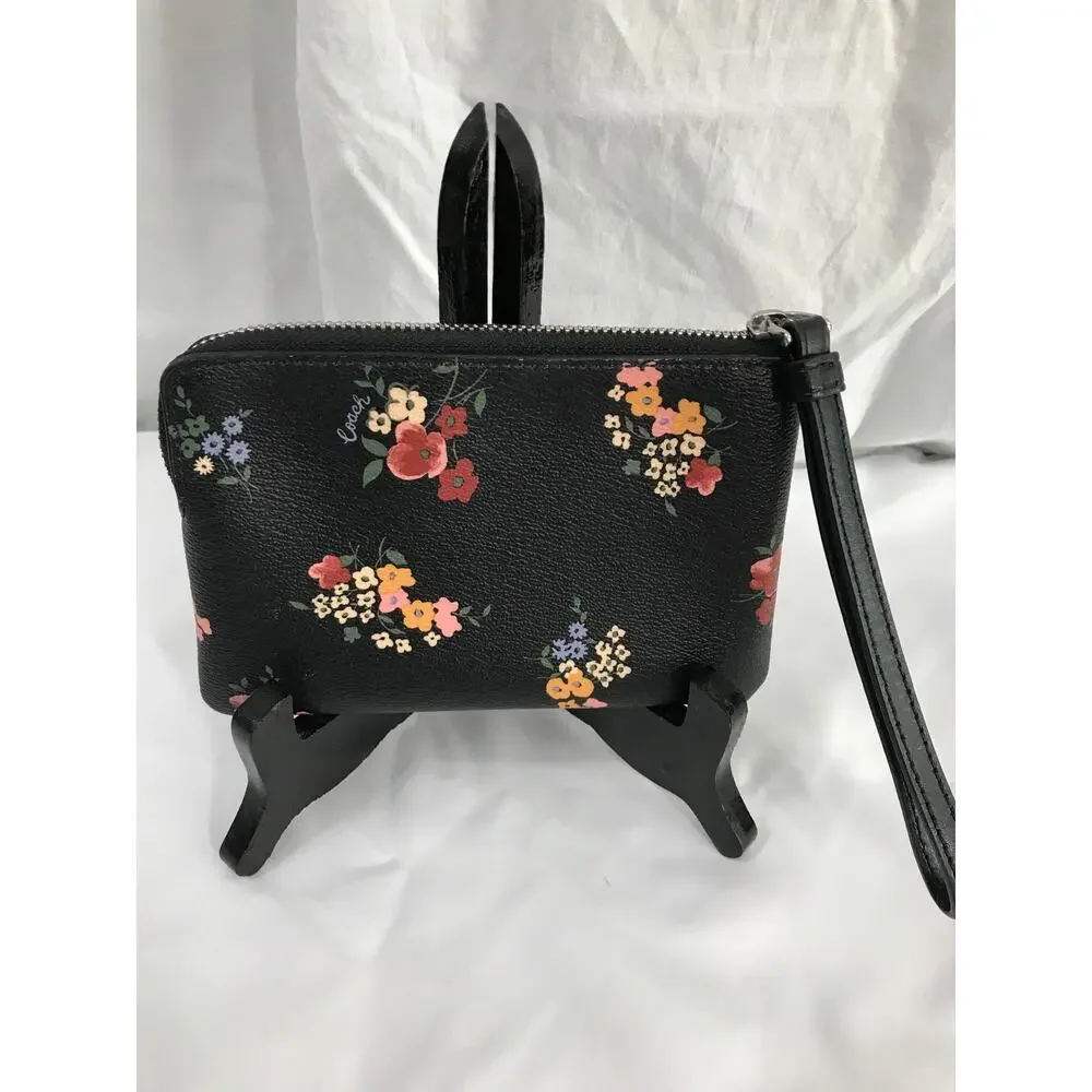 Coach Corner Zip PVC Leather Wild Flower Black Multi Wristlet